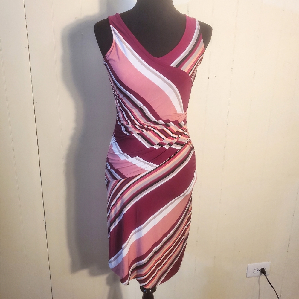 New York & Co Womens Faux Wrap Dress XS Stripe Pink & White Stretch